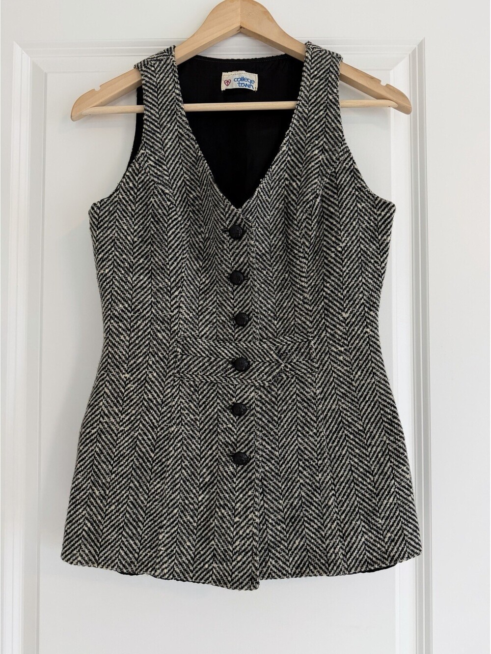 Vtg College Town Herringbone Tweed Sleeveless Button-up Waistcoat XS/S Preppy